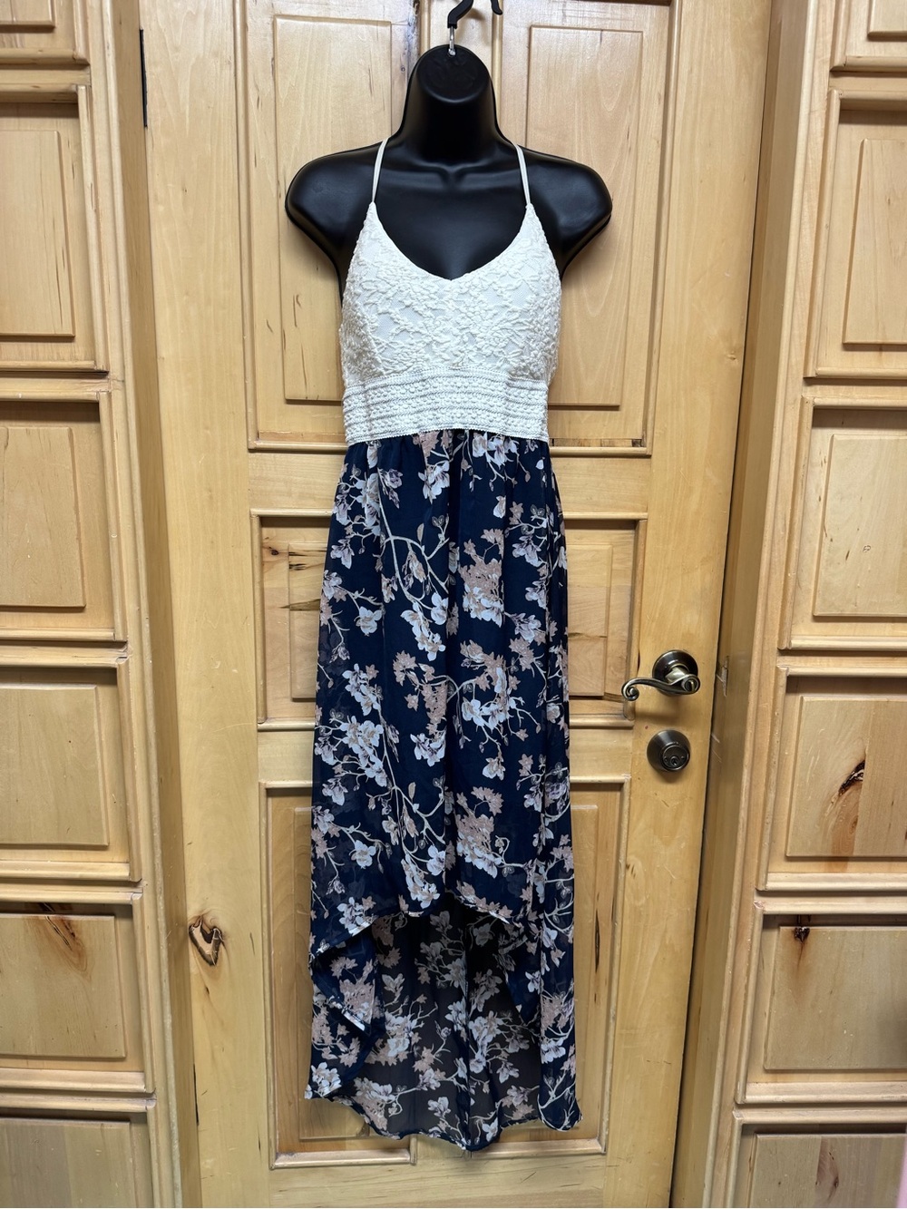 J for Justify White Lace Bodice Navy Floral High-Low Dress